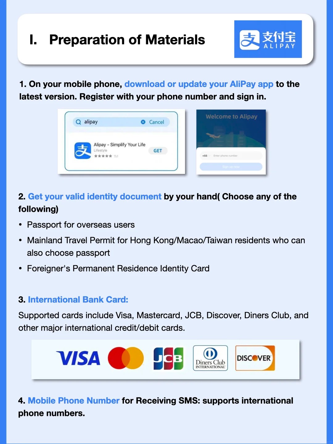 Alipay registration screen showing phone number entry for international users